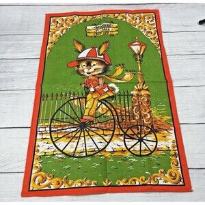 Vtg Excello Tea Towel Bunny On Bike Nowhere To Fall But Off Brazil 18x26" NWOT